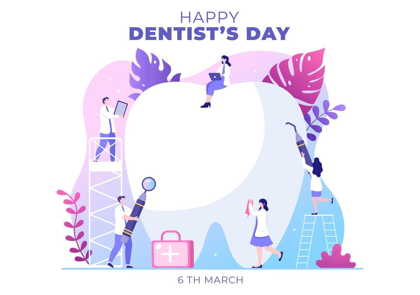 día mundial del dentista con dientes y odontología para prevenir las caries y la atención médica en una ilustración de fondo de caricatura plana adecuada para afiches o pancartas vector