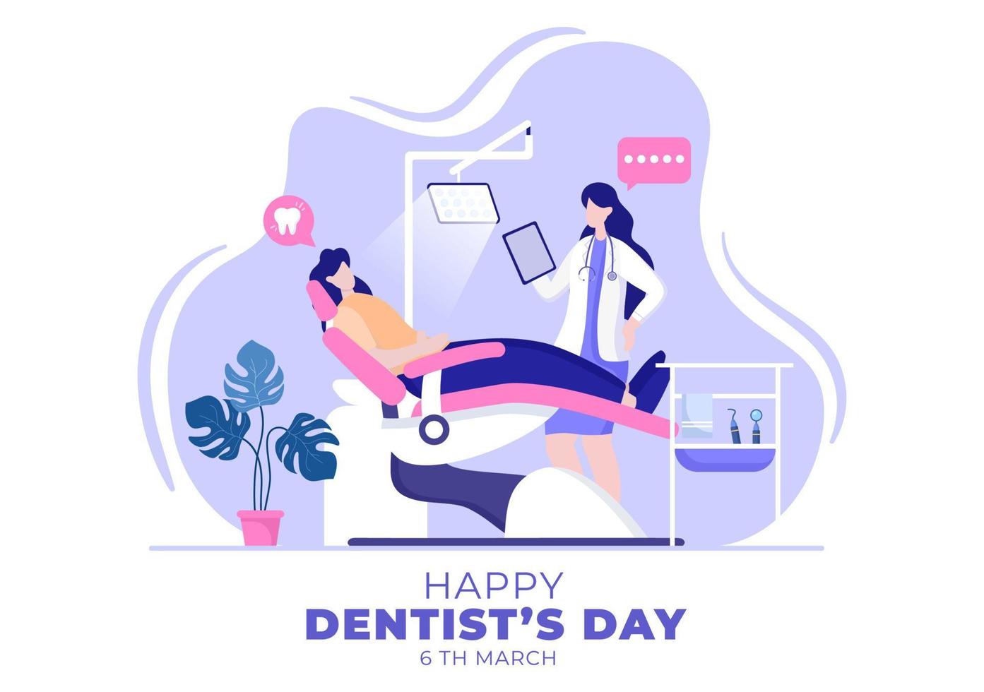 día mundial del dentista con odontología y paciente en sillón en ilustración de fondo de caricatura plana adecuada para afiche o pancarta vector