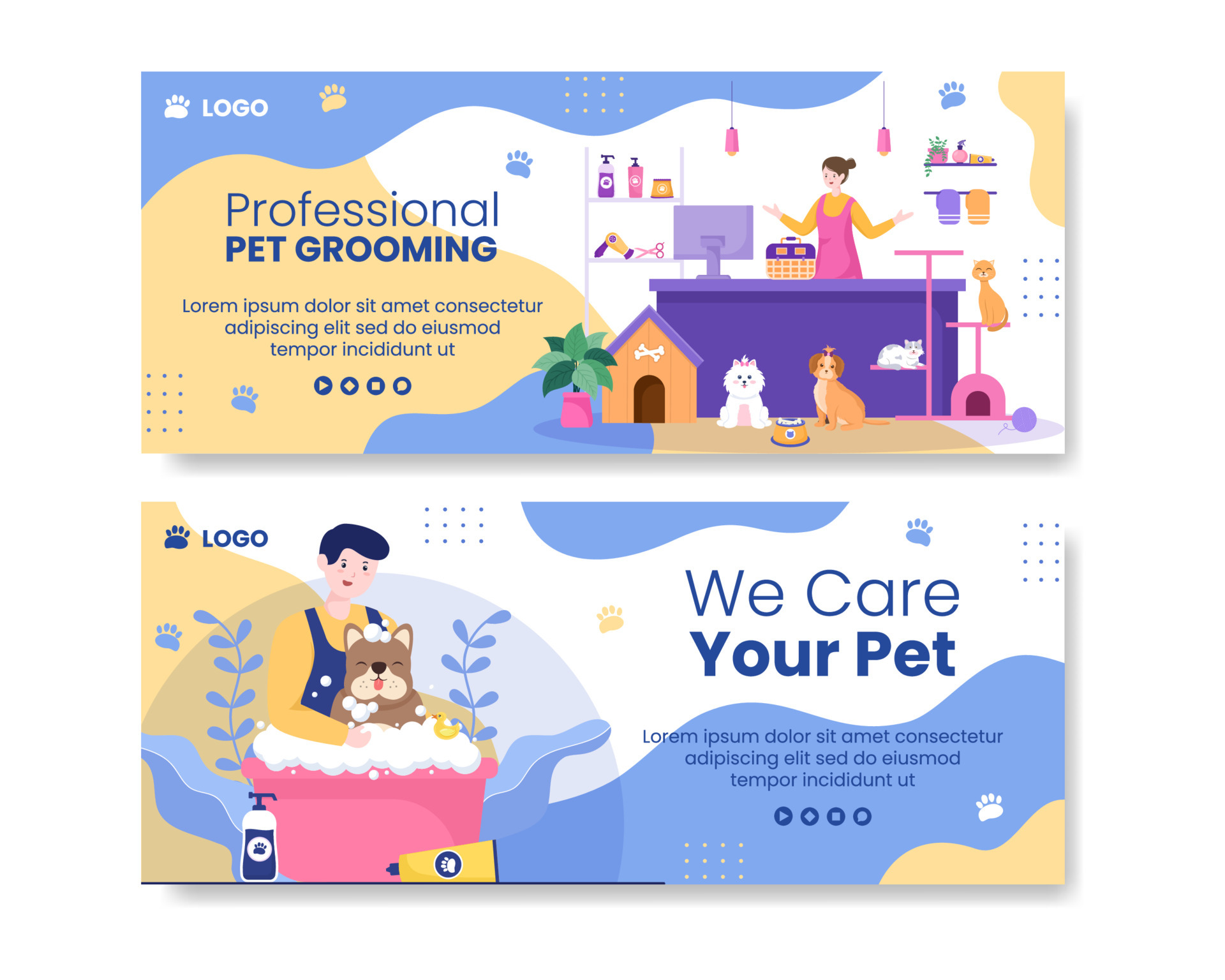 Pet Grooming and Animal Clinic Banner Template Flat Illustration