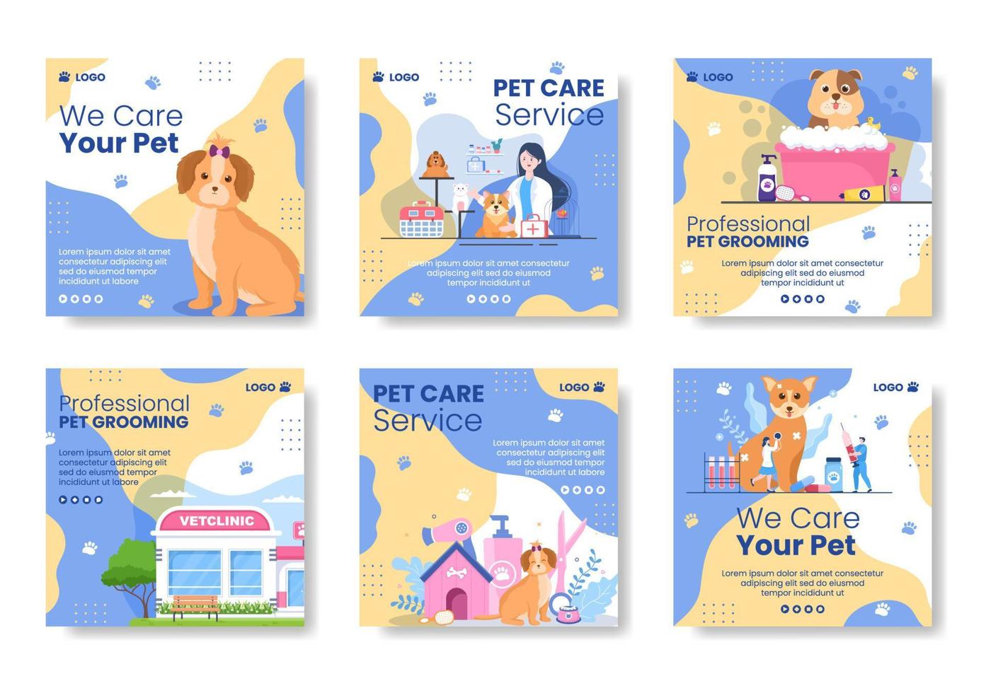 Pet Grooming and Animal Clinic Post Template Flat Illustration Editable of Square Background Suitable for Social media, Greeting Card or Web Ads vector