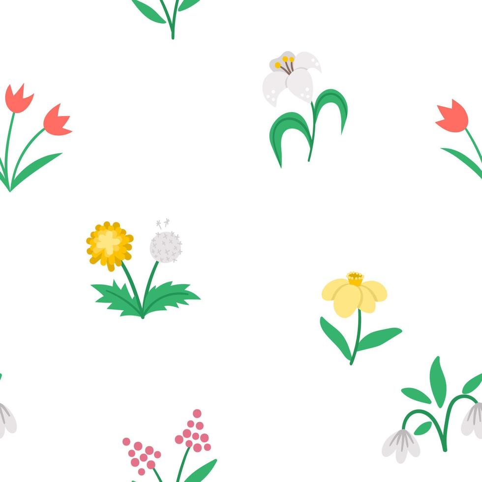 Vector cute flat spring flowers seamless pattern. Repeating background with first blooming plants. Floral digital paper. Tulips, dandelion, snowdrop, narcissus, lily texture.