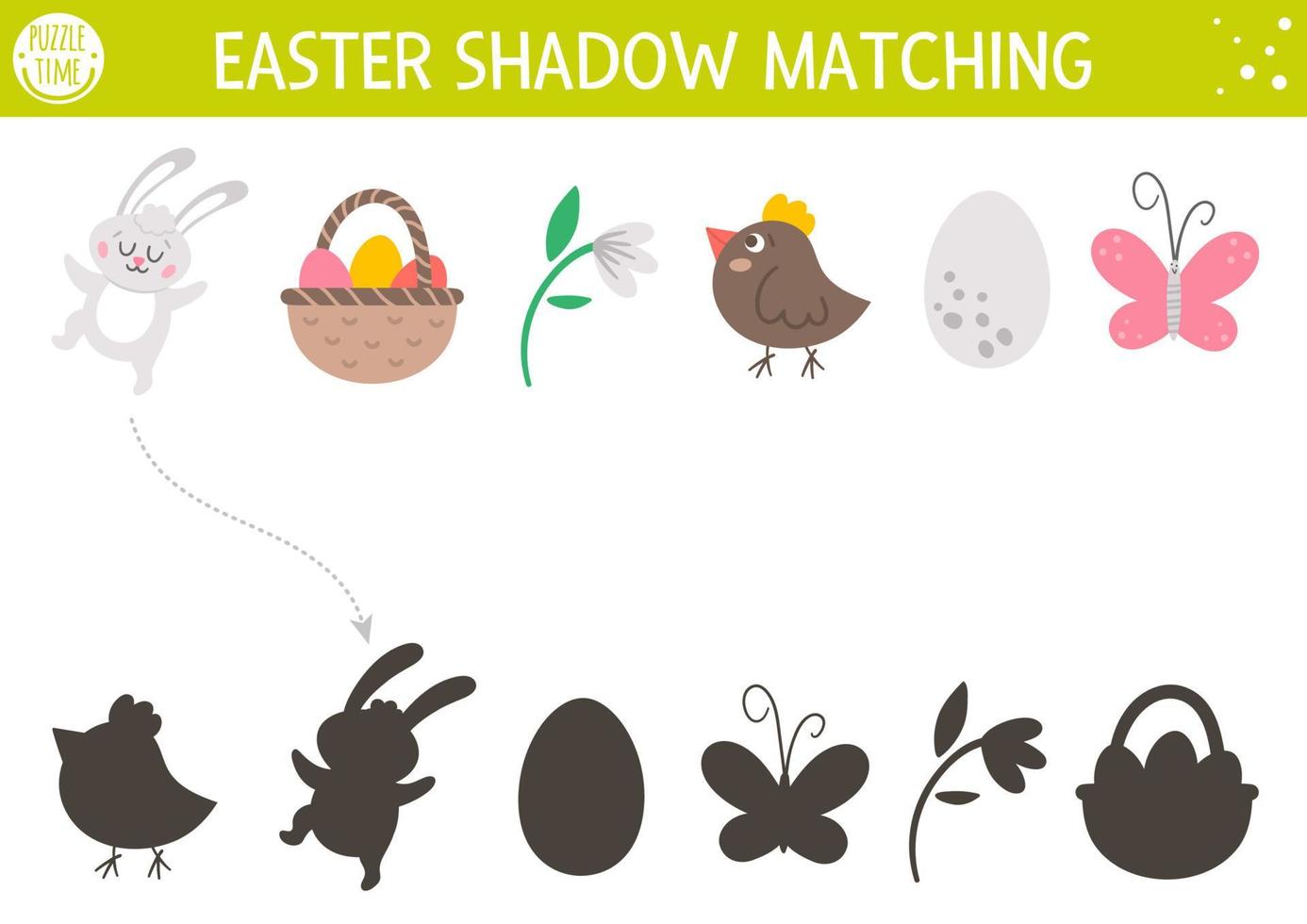 Easter shadow matching activity for children. Fun spring puzzle with cute holiday symbols. Educational game for kids with eggs, basket, bunny, flower. Find the correct silhouette printable worksheet. vector