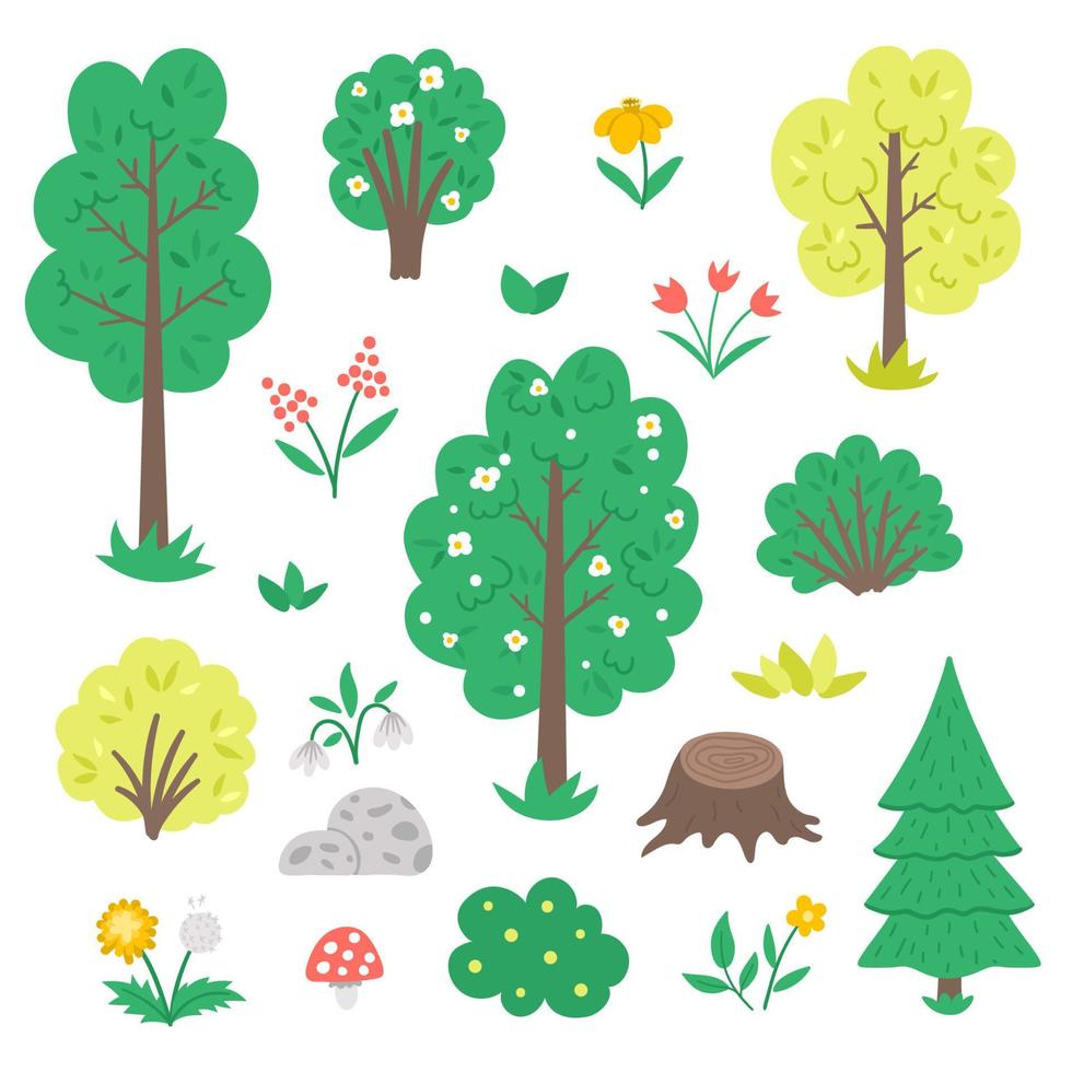 conjunto vectorial con árboles de jardín o forestales, plantas, arbustos, arbustos, flores aisladas en fondo blanco. bosque de primavera plano o ilustración de granja. colección de iconos de vegetación natural vector