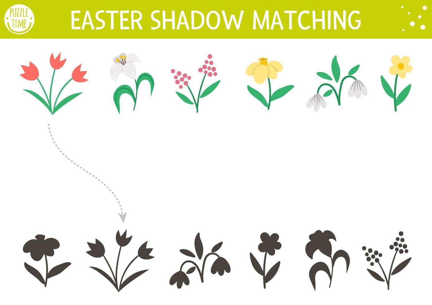 Easter shadow matching activity for children. Fun spring puzzle with cute first flowers. Holiday celebration educational game for kids. Find the correct silhouette printable worksheet. vector