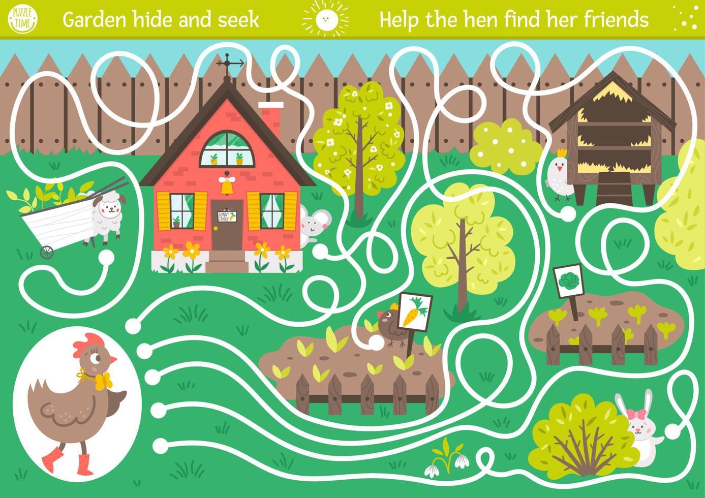 Easter maze for children. Garden hide and seek. Holiday preschool printable educational activity. Funny spring game or puzzle with cute animals. Help the hen find her friends. vector