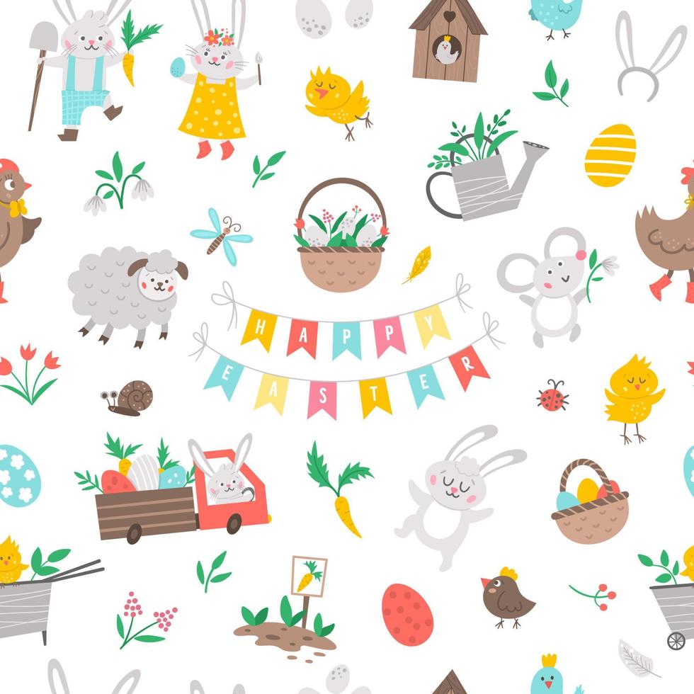 Seamless pattern with Easter design elements. Vector repeating background with cute bunny, eggs, bird, chicks, baskets. Spring funny digital paper. Adorable traditional holiday symbols texture