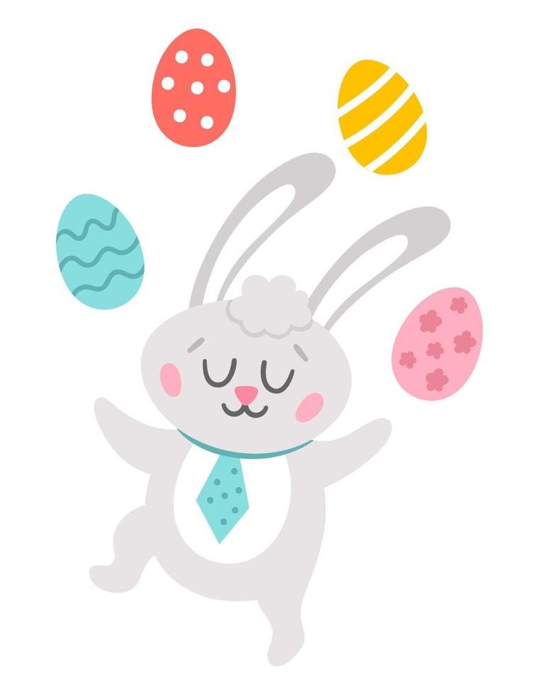 icono de conejito de pascua vectorial. conejo haciendo malabares con huevos de colores aislados sobre fondo blanco. plantilla de tarjeta de felicitación con lindo animal adorable para niños. graciosa liebre de primavera con los ojos cerrados. vector