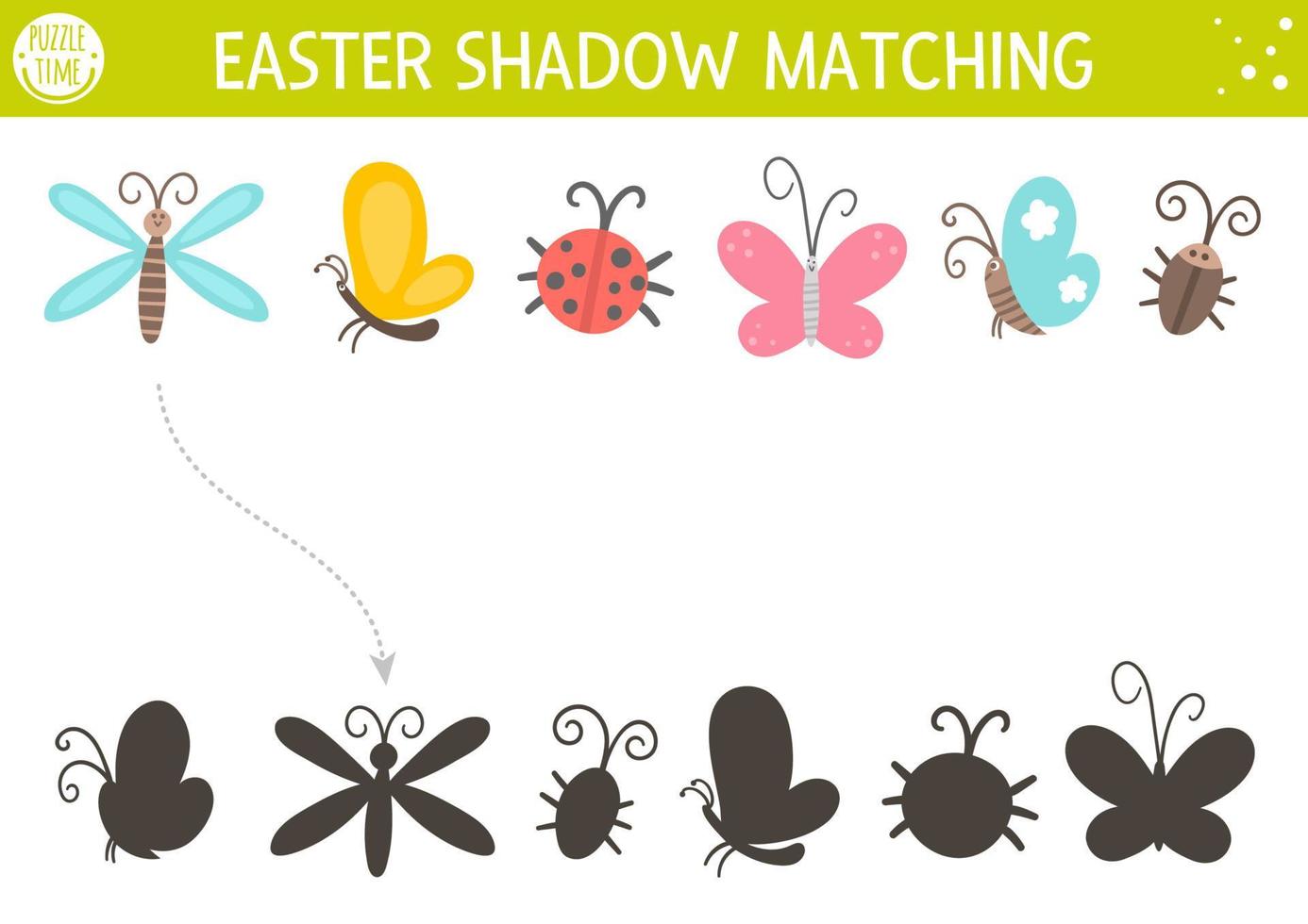 Easter shadow matching activity for children. Fun spring puzzle with cute insects. Holiday celebration educational game for kids. Find the correct silhouette printable worksheet. vector