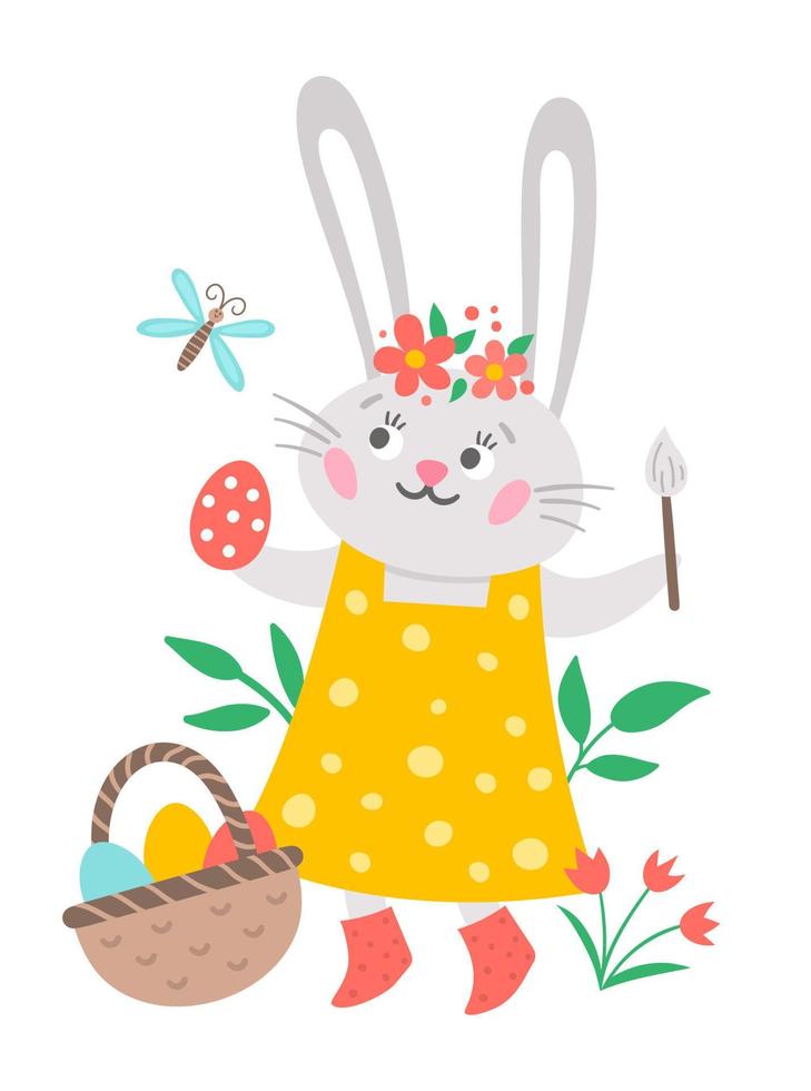 Vector Easter bunny icon. Rabbit girl in dress with brush, colored egg, basket, dragonfly isolated on white background. Greeting card template with cute animal for kids. Funny spring hare picture.