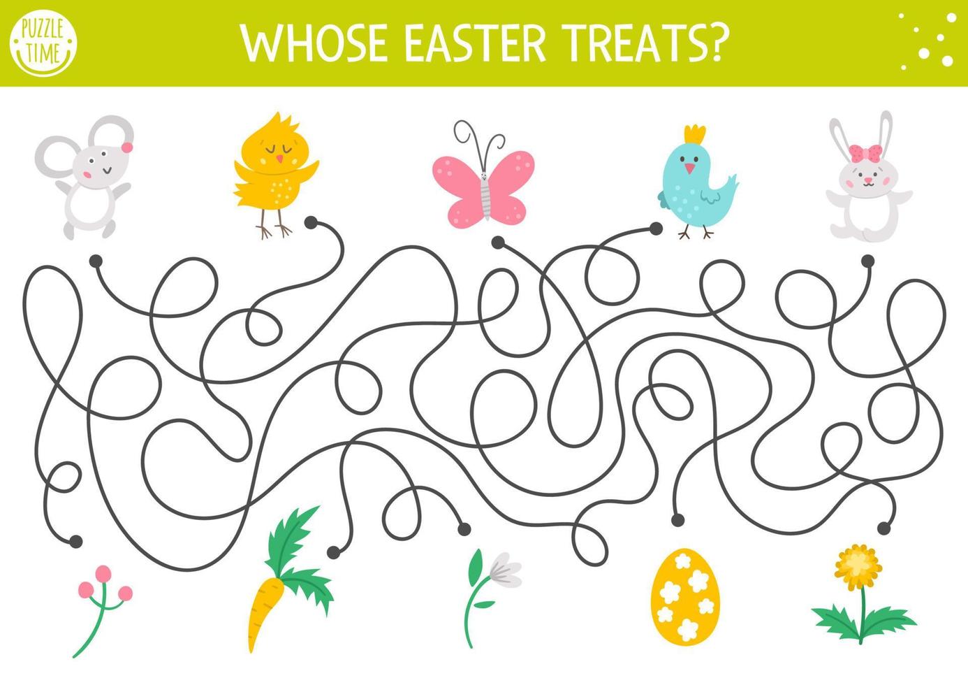 Easter maze for children with cute animals and presents. Holiday preschool printable educational activity with chicken, mouse, bunny, bird. Funny spring game or puzzle with cute characters. vector