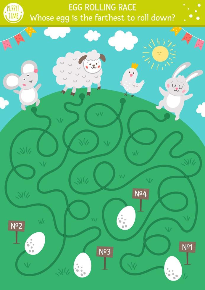 Egg rolling race labyrinth. Easter maze for children. Holiday preschool printable educational activity. Funny spring game or puzzle with cute animals. Whose egg is the farthest to roll down vector