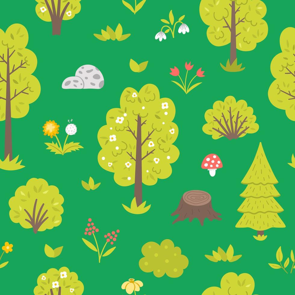 patrón vectorial sin costuras con árboles de jardín o forestales, plantas, arbustos, arbustos, flores. bosque de primavera plano o fondo verde de granja que se repite. papel digital verde natural vector