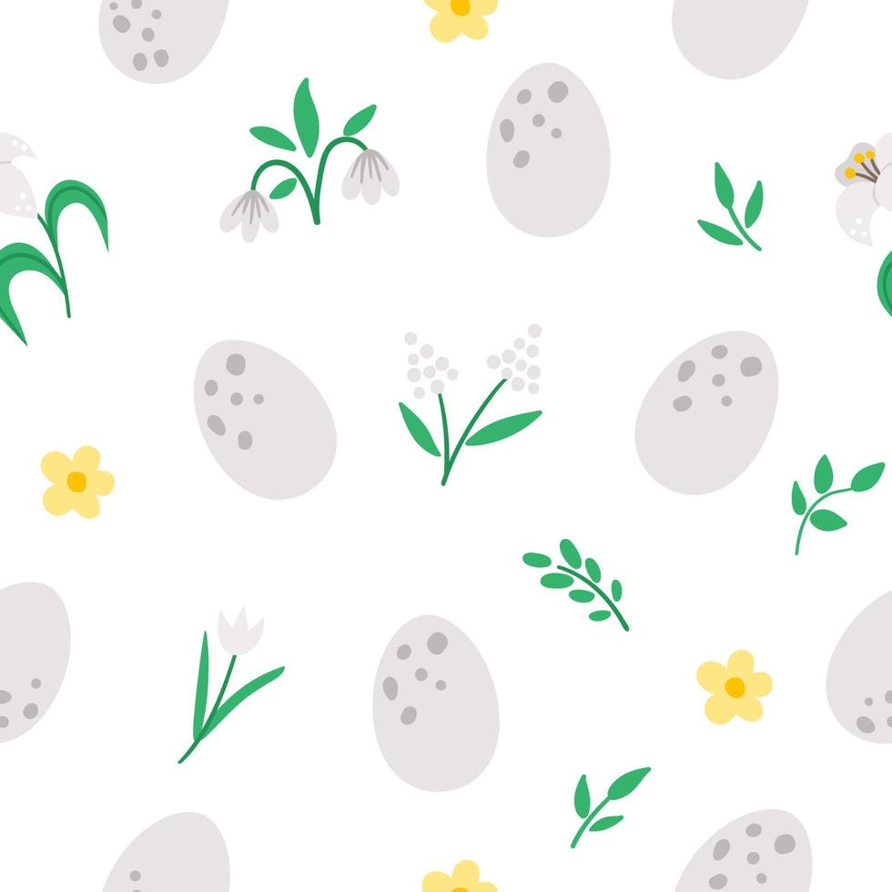 Vector Easter seamless pattern with eggs and first flowers. Spring flat repeating background with decorative elements. Traditional holiday digital paper with life beginning concept