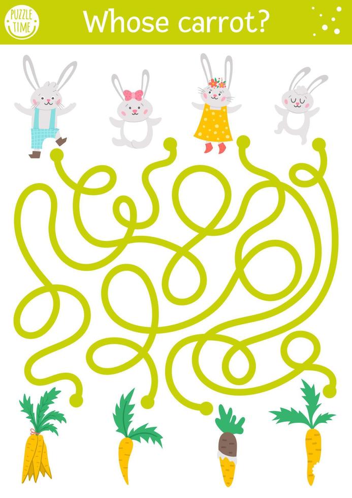 Easter maze for children with bunny family and carrots. Holiday preschool printable educational activity with rabbits and vegetables. Funny spring garden game or puzzle with cute animals. vector