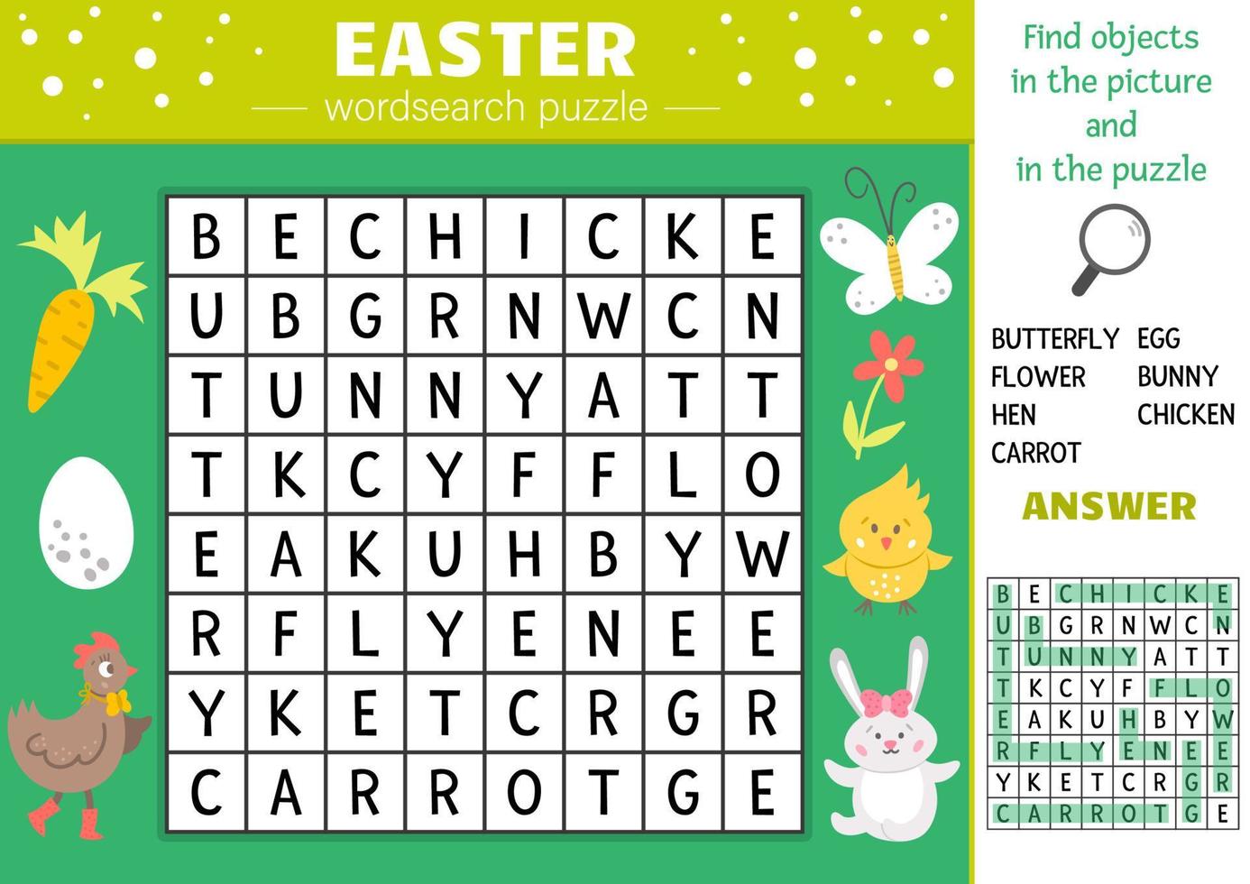 Vector Easter wordsearch puzzle for kids. Simple spring crossword with traditional holiday symbols for children. Educational keyword activity with cute funny characters and objects