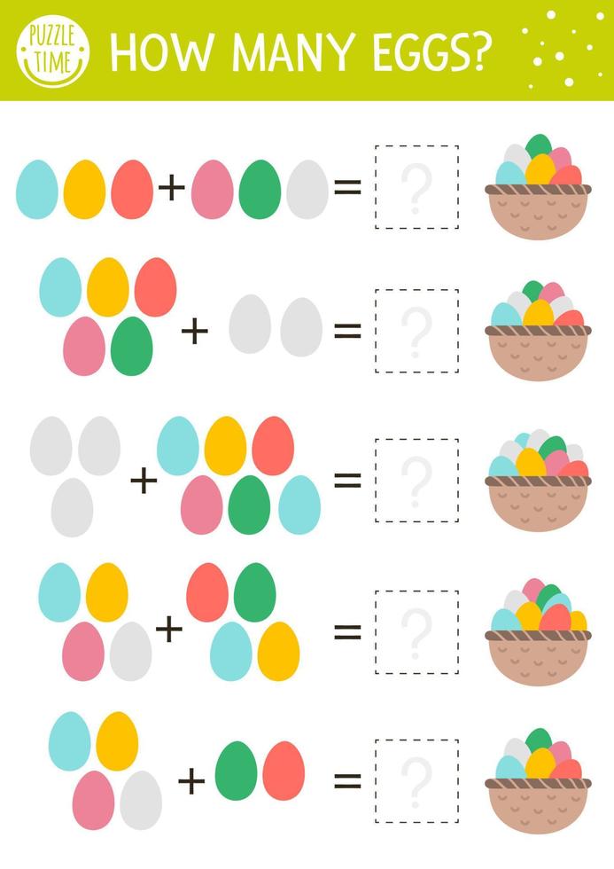 juego de conteo de pascua con huevos de colores y canasta. actividad de vacaciones para niños en edad preescolar. hoja de trabajo de matemáticas imprimible de primavera educativa. rompecabezas de suma para niños vector