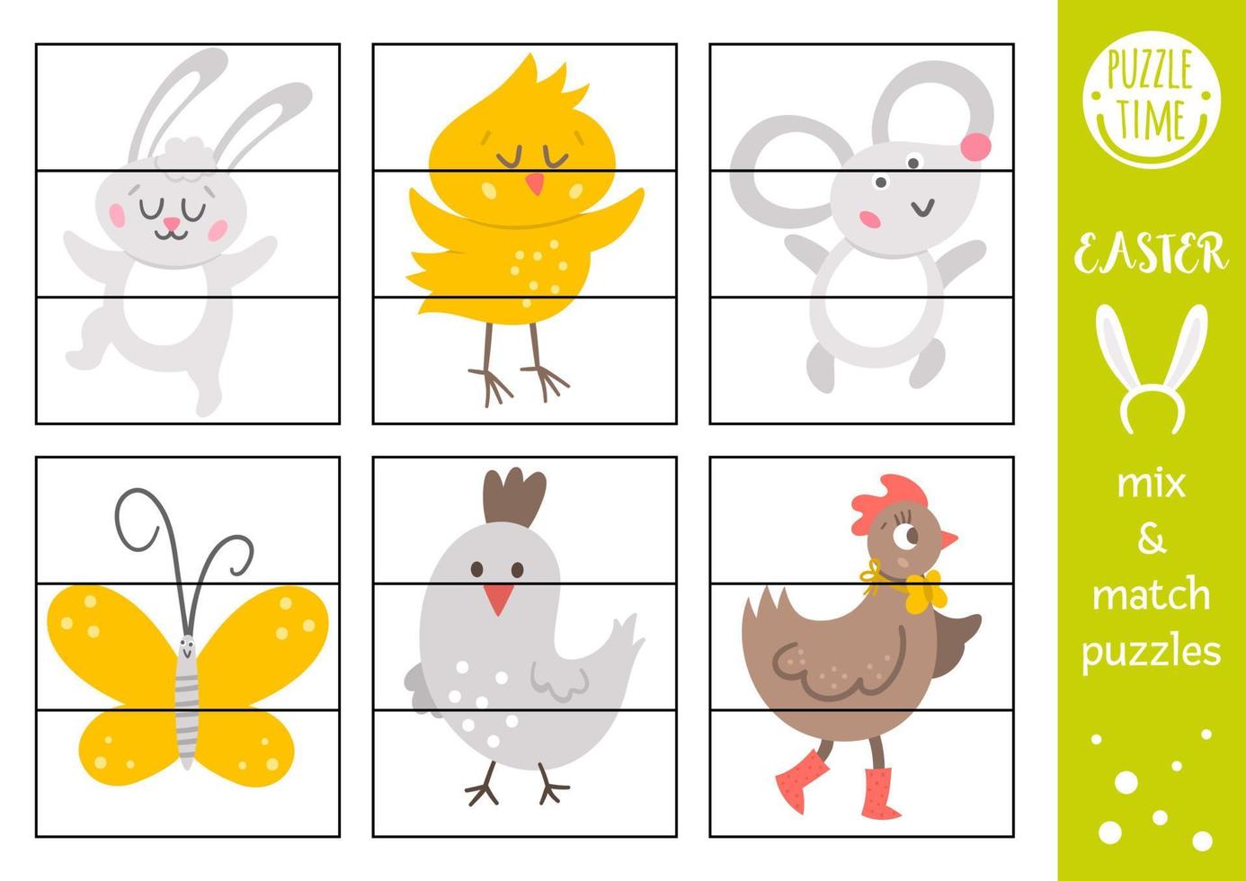 rompecabezas de mezcla y combinación de pascua vectorial con personajes tradicionales de vacaciones. actividad de coincidencia de recortes de primavera para niños en edad preescolar. juego educativo imprimible para niños con conejito, gallina, pollo, mariposa vector