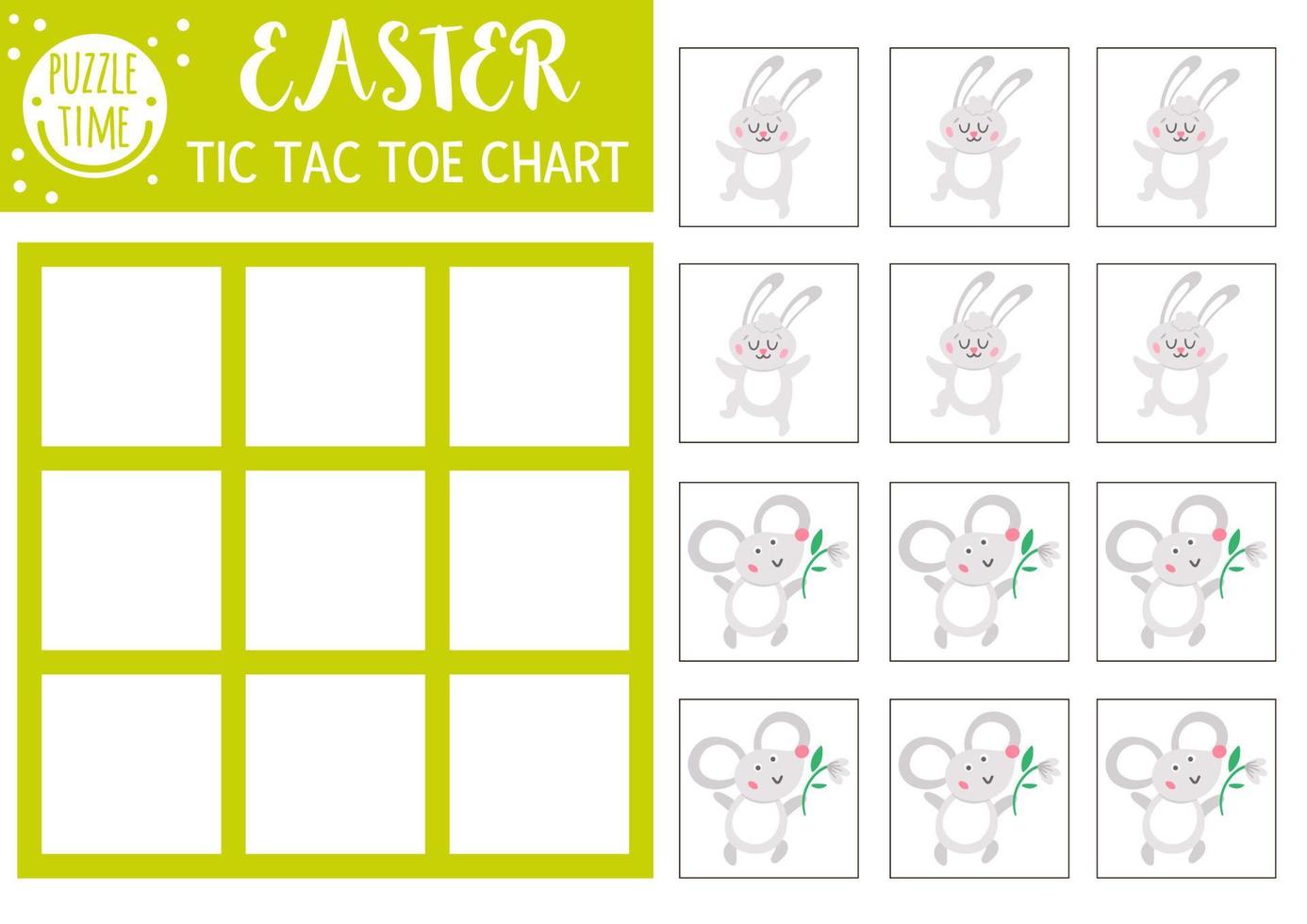 Vector Easter tic tac toe chart with cute bunny rabbit and mouse. Holiday board game playing field with traditional characters. Funny spring printable worksheet for kids. Noughts and crosses grid