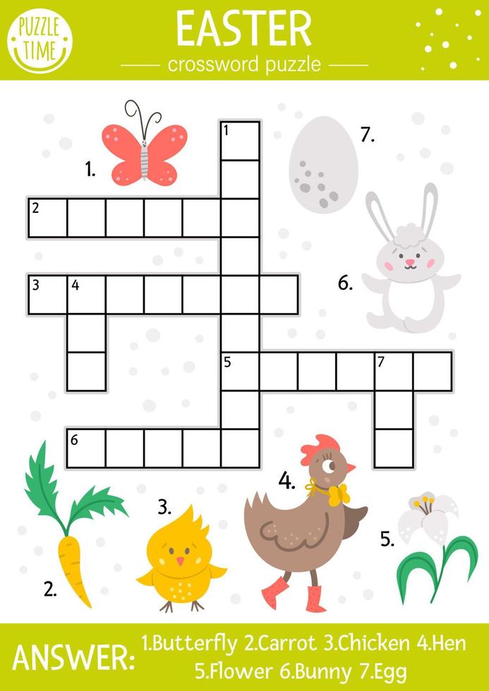 Vector Easter crossword puzzle for kids. Simple spring quiz with holiday objects and animals for children. Educational activity with traditional symbols and garden theme