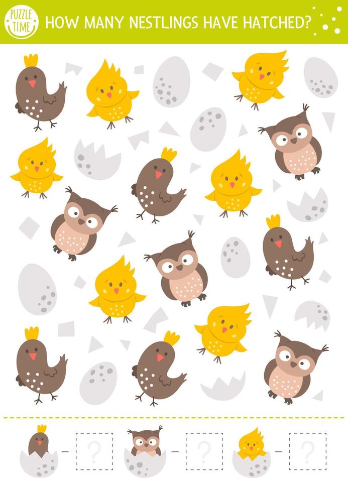Easter counting game with cute little birds. Spring math activity for preschool children. Simple printable worksheet with funny owl, chick, egg. Educational puzzle for kids. How many nestlings hatched vector