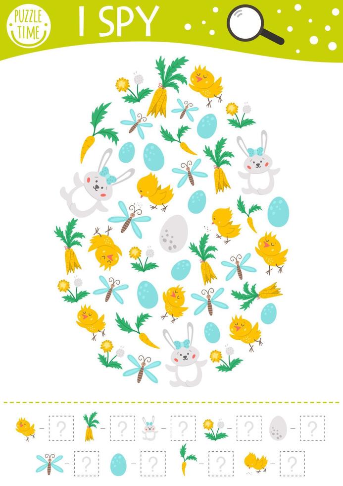 Easter I spy game for kids. Searching and counting activity for preschool children with traditional holiday objects framed in egg shape. Funny spring printable worksheet for kids. Simple puzzle vector