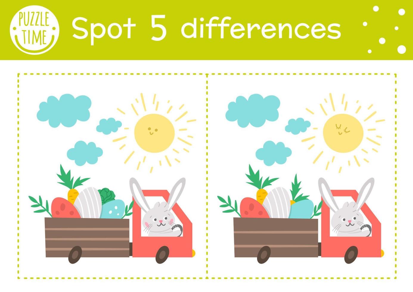 Easter find differences game for children. Holiday educational activity with funny bunny driving a truck with colored eggs. Printable worksheet with cute character. Spring puzzle for kids. vector