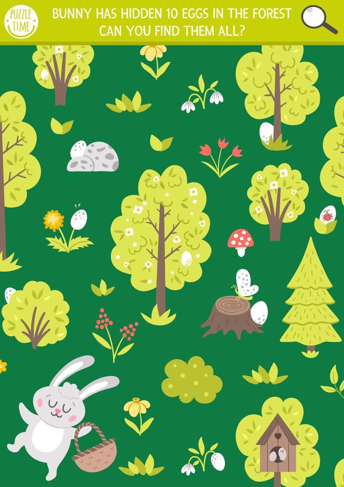 Vector Easter holiday searching game with cute Bunny in the garden or forest. Find hidden eggs in the picture. Simple fun spring educational printable activity for kids with funny characters