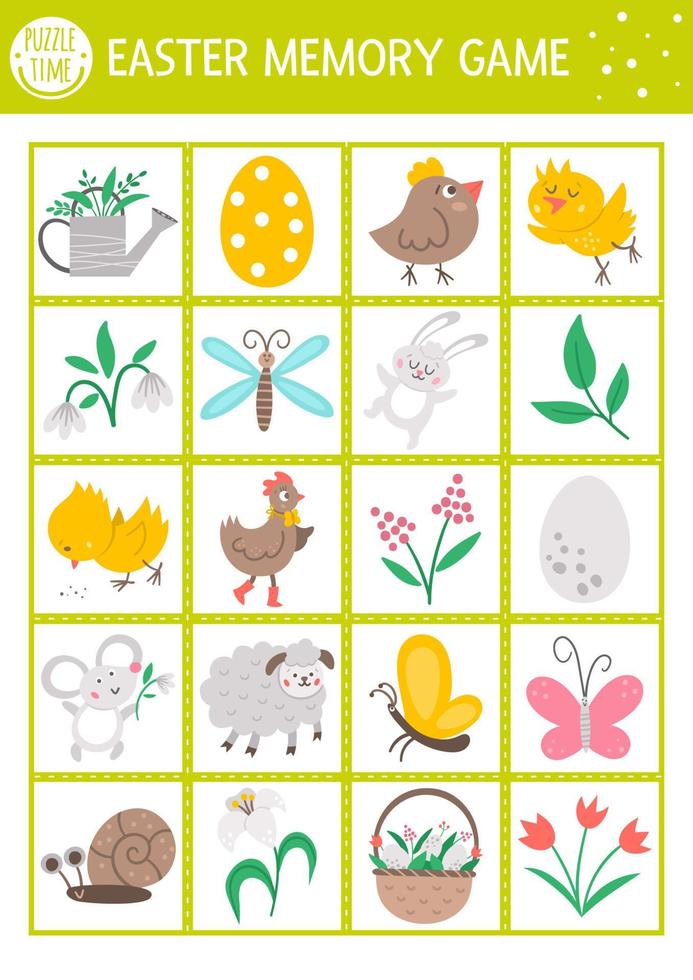 tarjetas de juego de memoria de Pascua vectorial con símbolos tradicionales de vacaciones. actividad de combinación con personajes lindos. recordar y encontrar la tarjeta correcta. sencilla hoja de trabajo imprimible de primavera para niños. vector