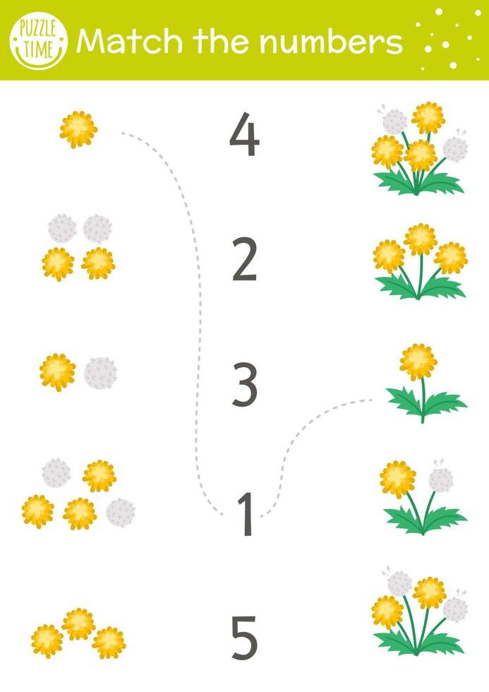 Easter matching game with spring flowers. Holiday math activity for preschool children with dandelions. Educational printable counting worksheet with cute funny elements for kids vector