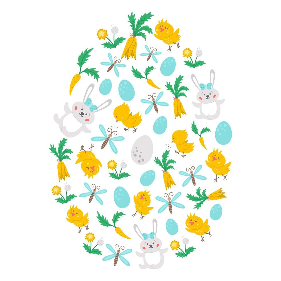 marco vectorial en forma de huevo con caracteres y símbolos de Pascua. imágenes prediseñadas de concepto de primavera tradicional. diseño divertido para pancartas, carteles, invitaciones. linda plantilla de tarjeta navideña con pollitos, huevos, conejitos. vector