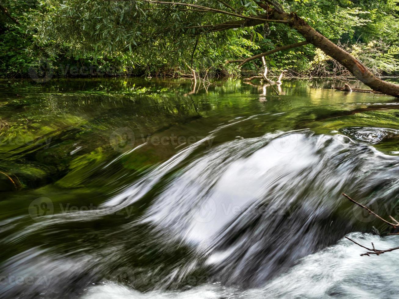 pequeño pero rápido rápido con una cascada en un río de montaña, bosque, alsacia. foto