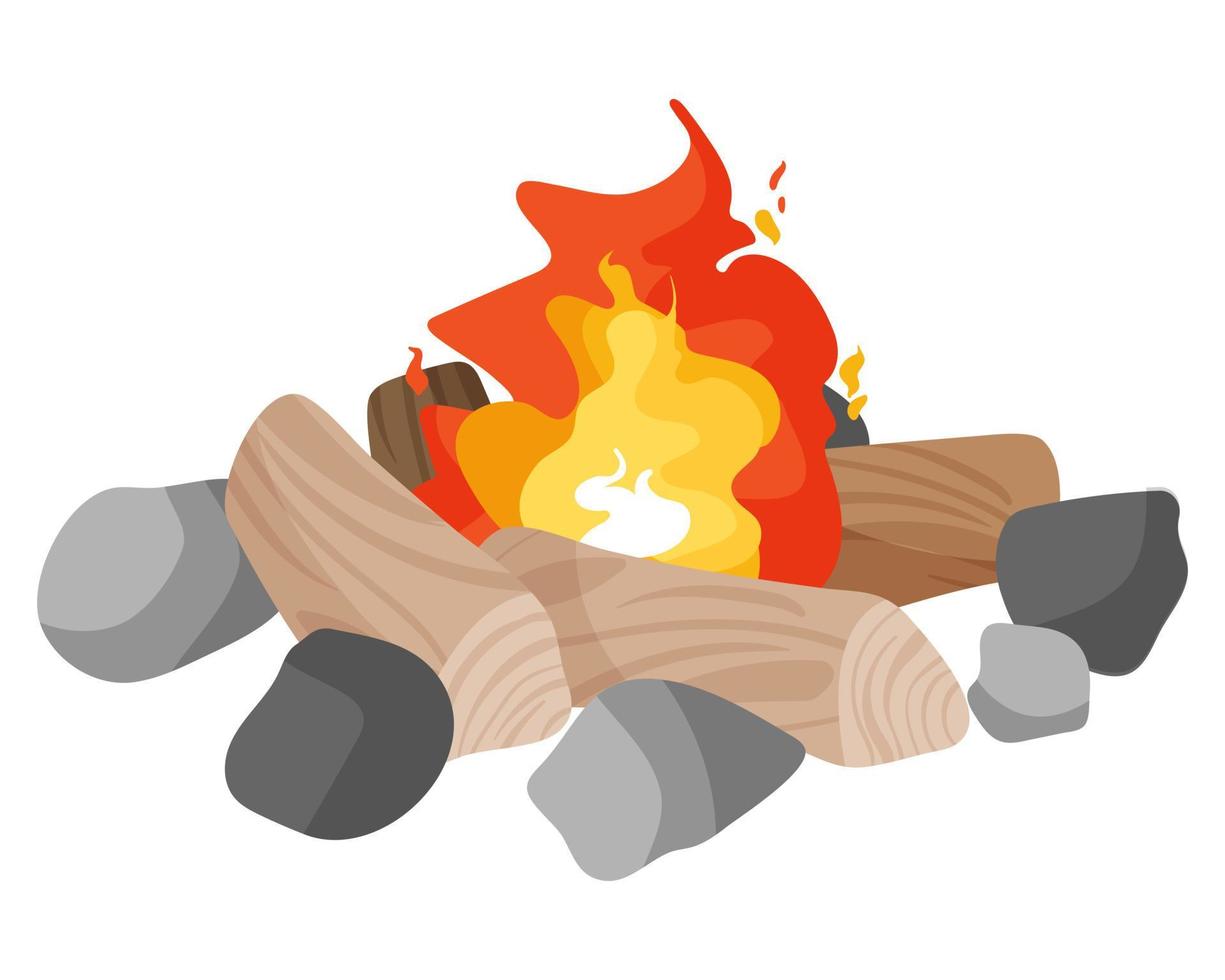 Colorful campfire with wooden logs, stones and coals. Touristic equipment for camping and tourism. vector