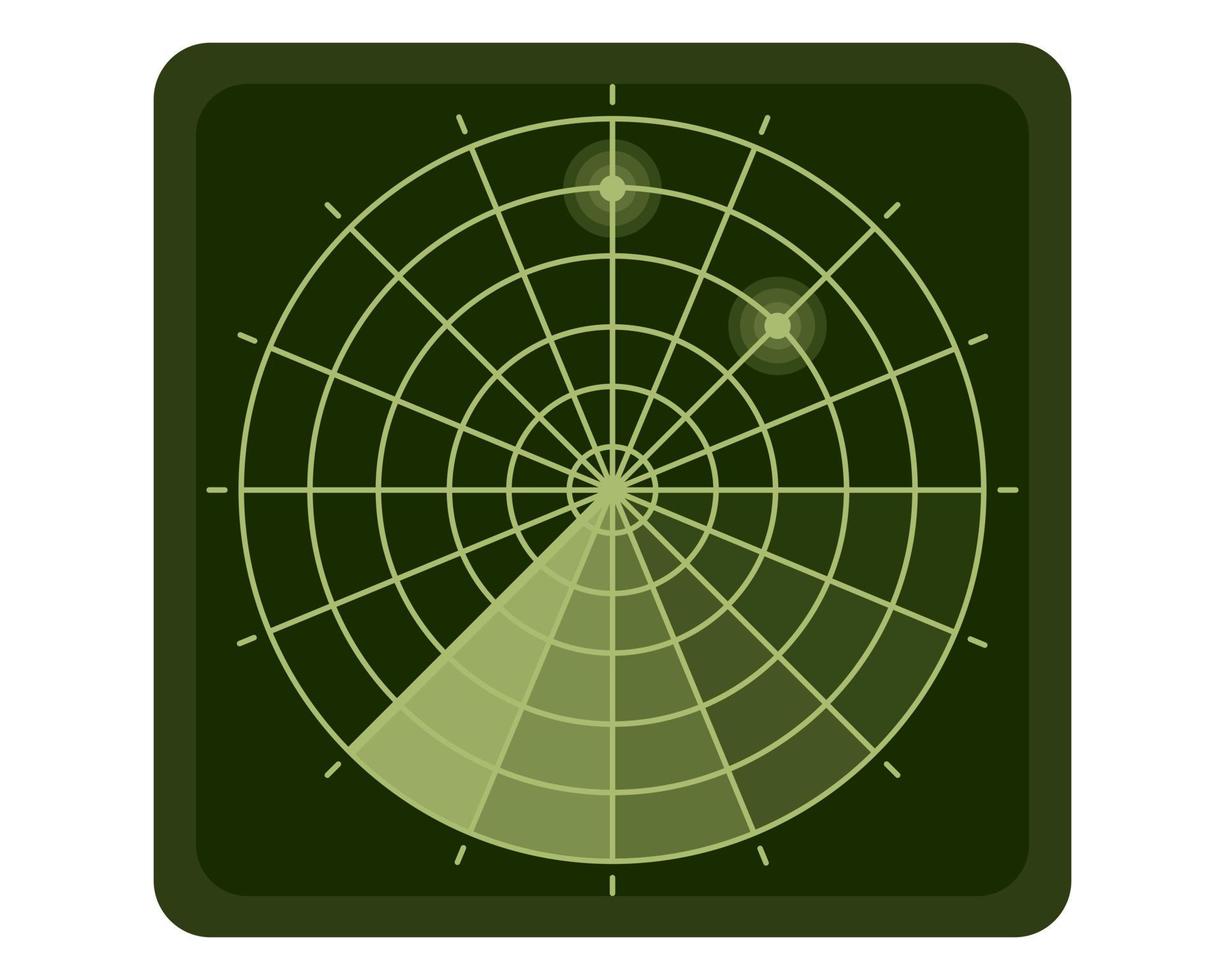 radar verde digital militar o sistema de búsqueda con objetivos en el monitor. pantalla de radar hud, búsqueda aérea o sonar naval. vector