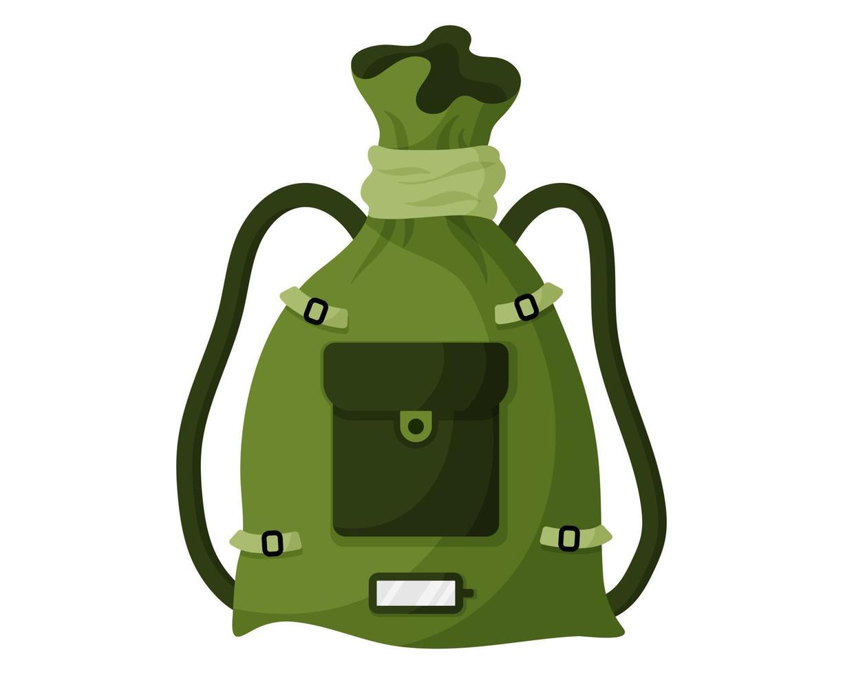 Green khaki military or tourist backpack, duffel bag or luggage. Touristic equipment for camping and tourism. vector