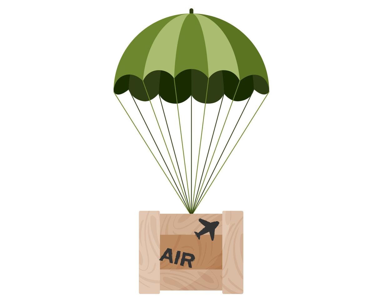 entrega en el aire paquete de caja de madera paquete caída de aire con paracaídas. concepto de juego militar en línea. vector