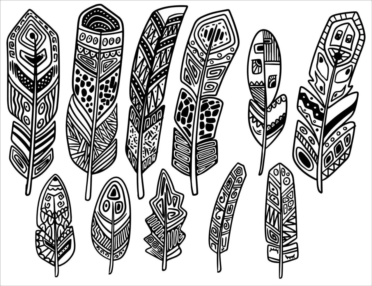 Hand drawn bohemian, tribal, ethnic set of feathers. vector
