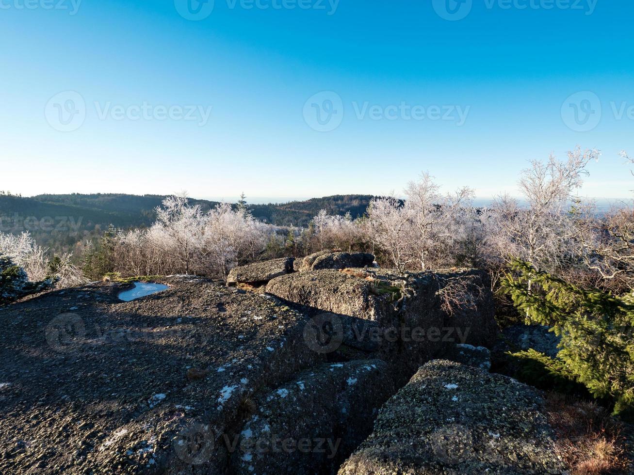 White snow and blue sky. Panoramic view of the silhouettes of the mountains. photo