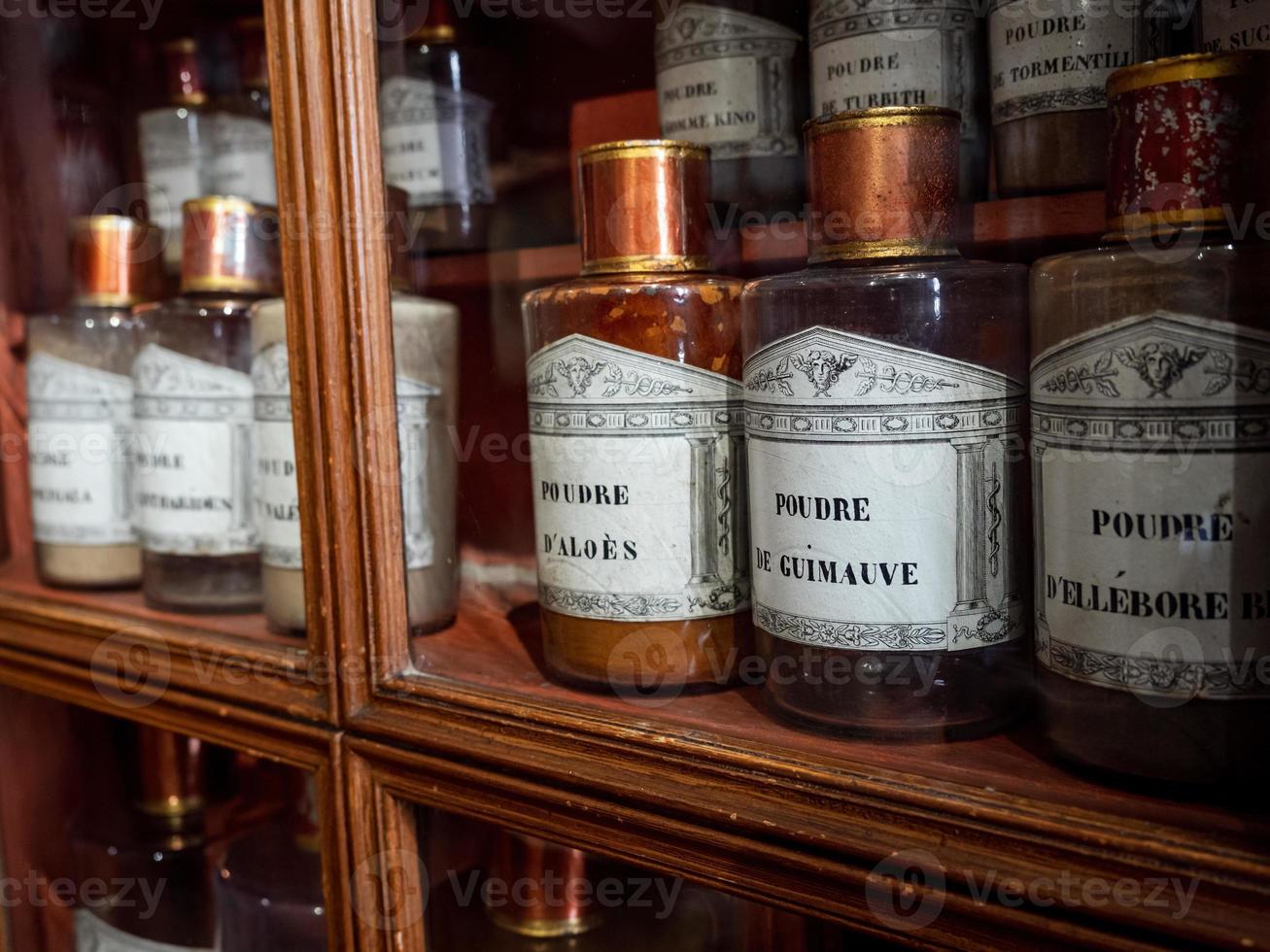 Vintage vials with ointments, infusions and powders, homeopathy. Medieval pharmacy. photo