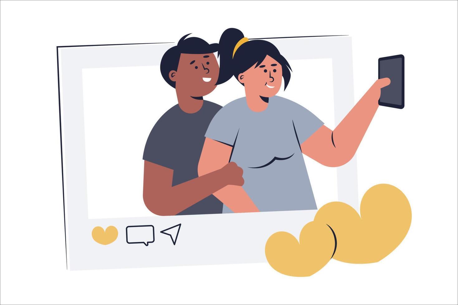 pareja joven mujer, hombre tomando foto selfie en smartphone vector