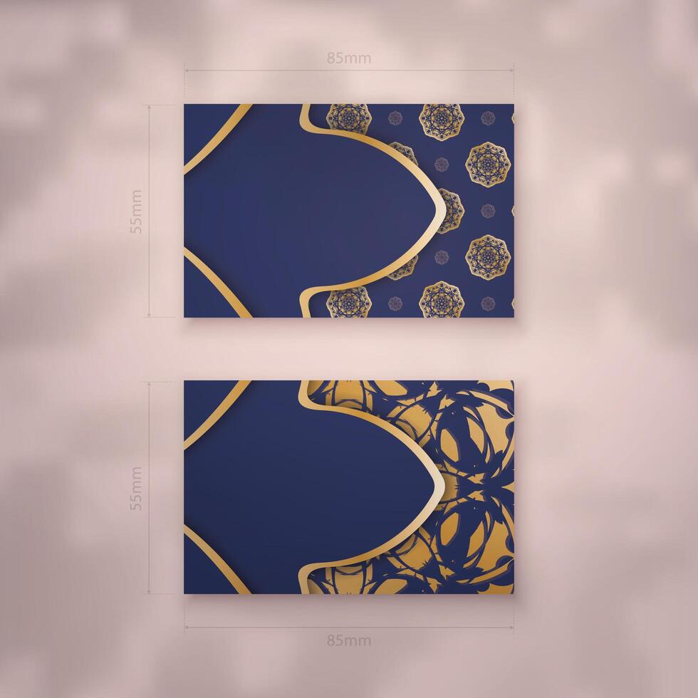 Business card in dark blue color with mandala gold ornament for your contacts. vector