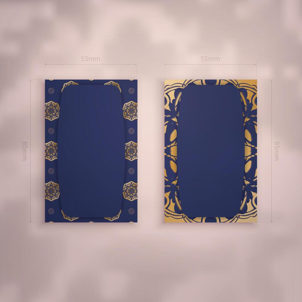 Business card in dark blue with gold mandala pattern for your personality. vector