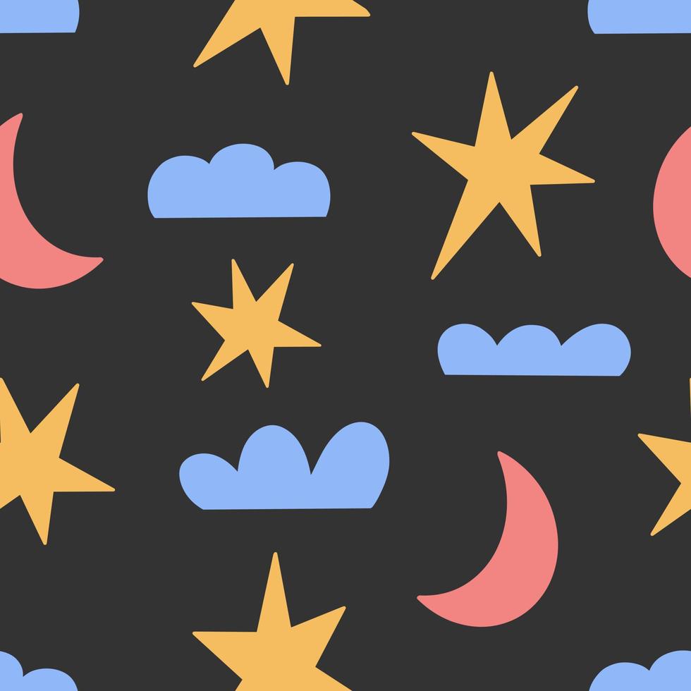 Seamless childish simple pattern for kids with cute stars, moon and clouds in modern style on a black background. vector