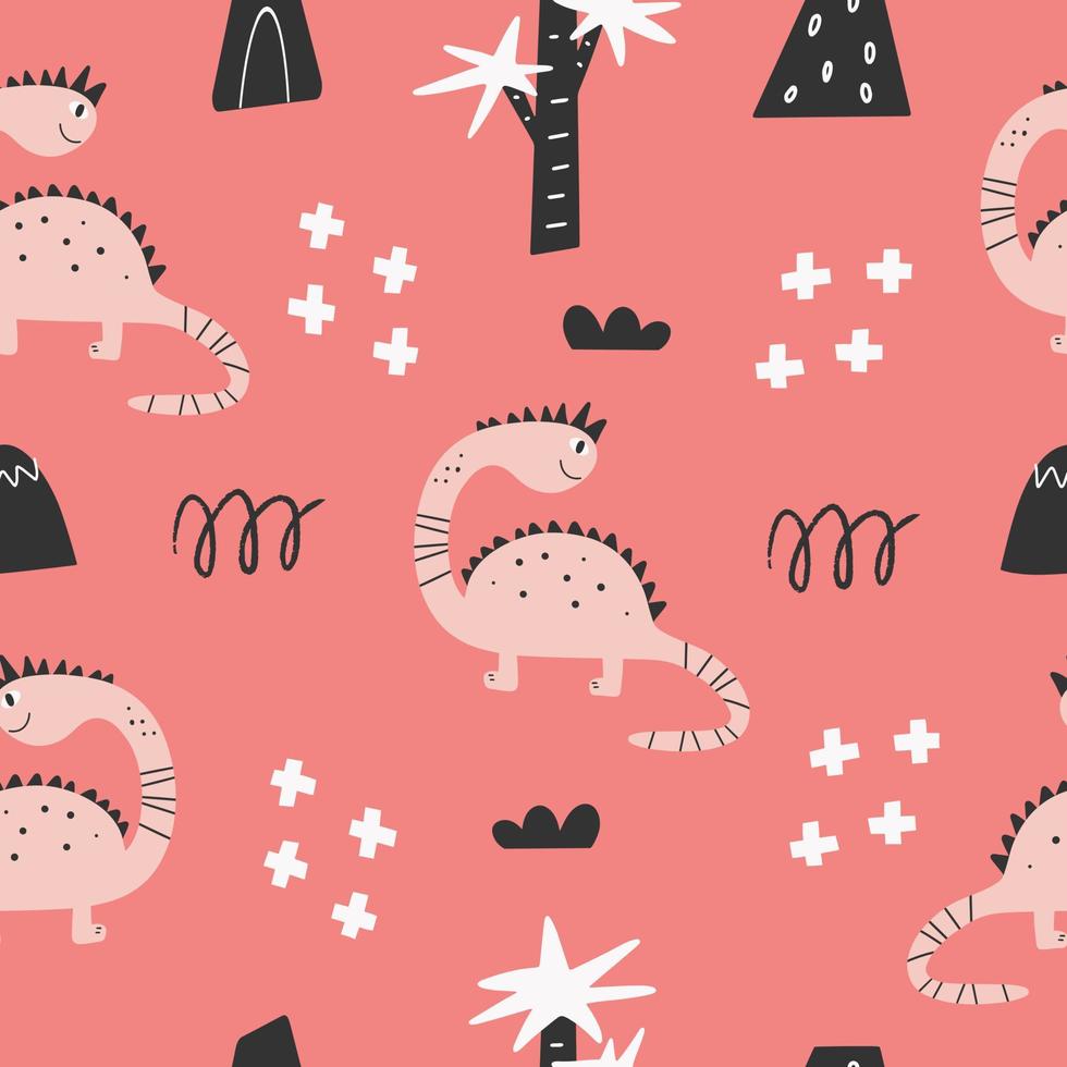 Cute seamless pattern with varied dinosaurs. Creative childish background for fabric. vector