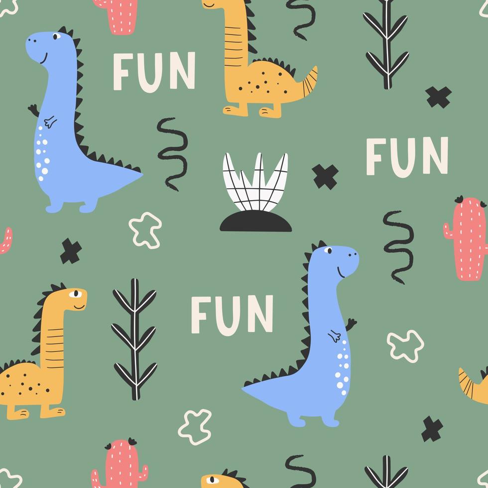 Cute seamless pattern with varied dinosaurs. Creative childish background for fabric. vector