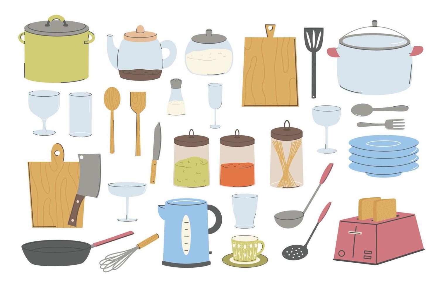colección de electrodomésticos y accesorios de cocina. utensilios de cocina, herramientas, equipos y cubiertos para cocinar. ilustraciones vectoriales planas de objetos de utensilios de cocina aislados en fondo blanco. vector