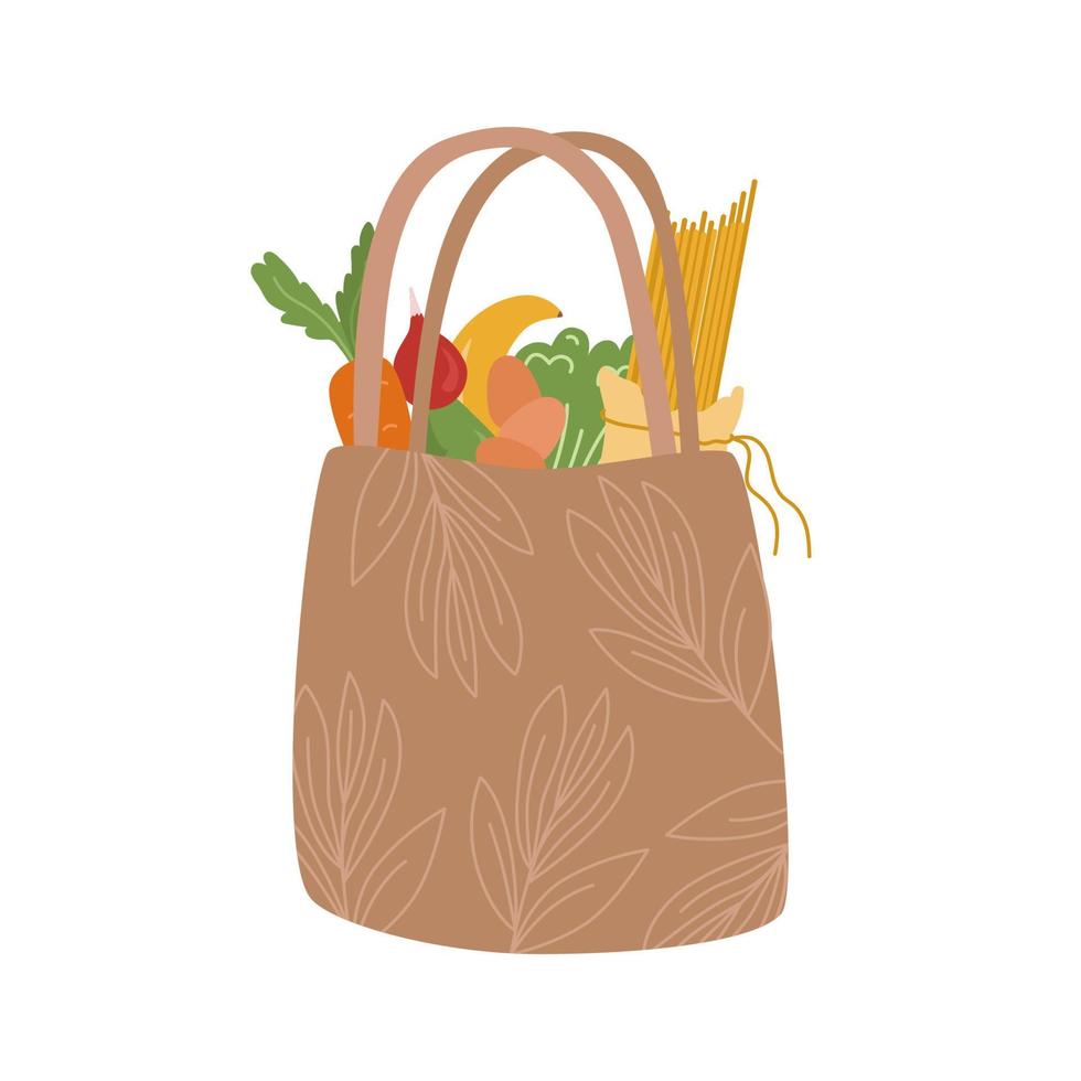 Eco friendly beige shopping bag with useful products. Pasta, carrots, broccoli, bananas, eggs, radishes. Vector illustration for the reusable concept.