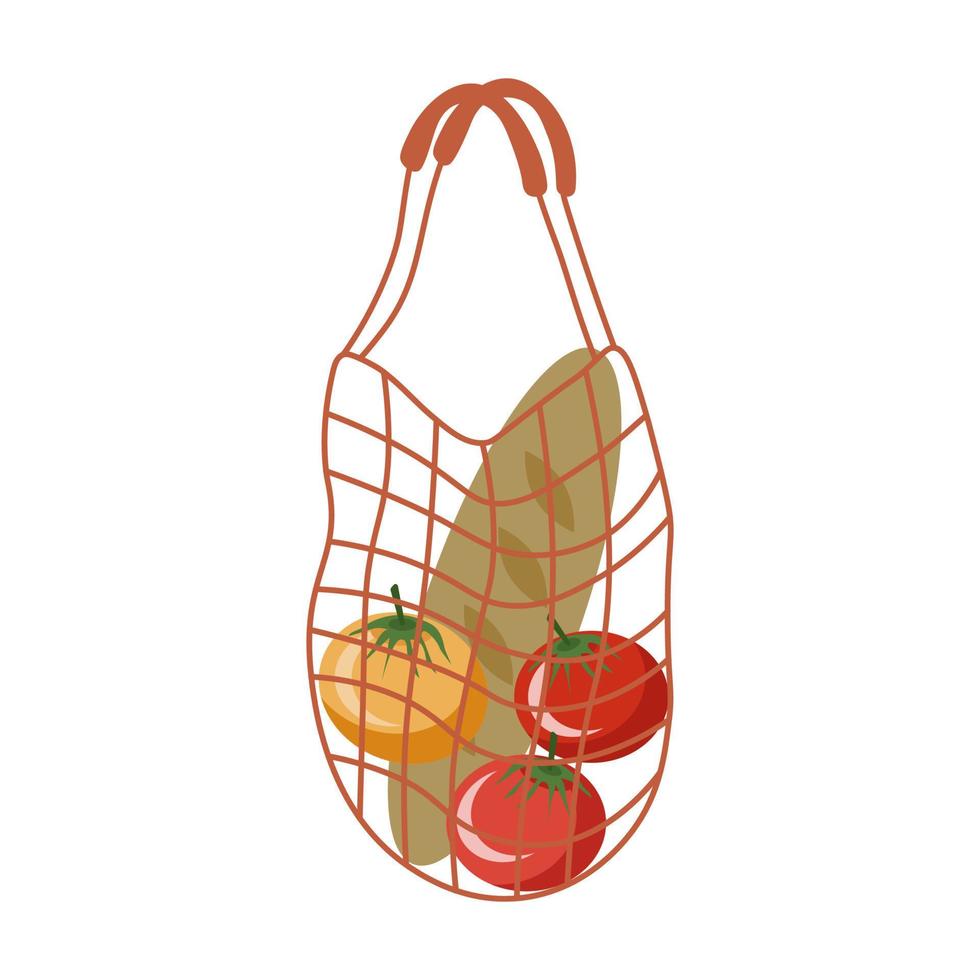 Eco knitted shopping bag. There are tomatoes and baguette in the bag. vector