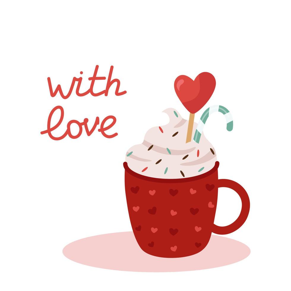 Red mug with cocoa with whipped cream for Valentine's Day. With a lollipop cane and a heart. Vector illustration in cartoon style for a postcard, holiday decoration, design or decor on February 14.