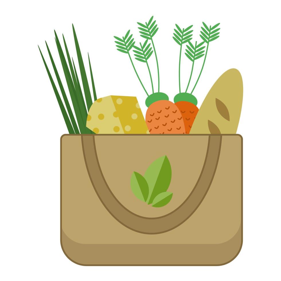 Bag with environmental and useful products. Vegetables, greens, bread. vector