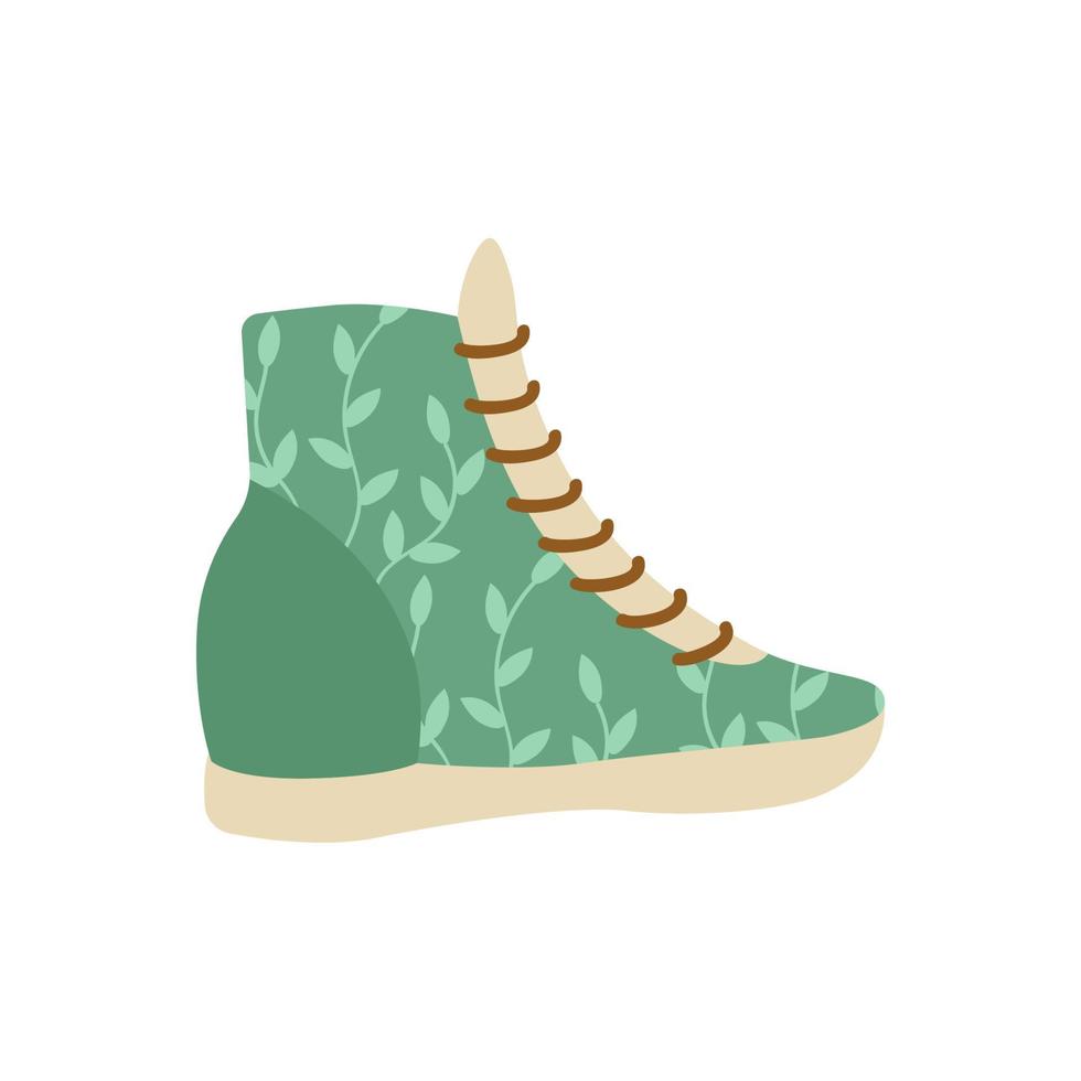 Retro sneakers in green with a leaf print. Vector vintage illustration of old shoes in cartoon style.